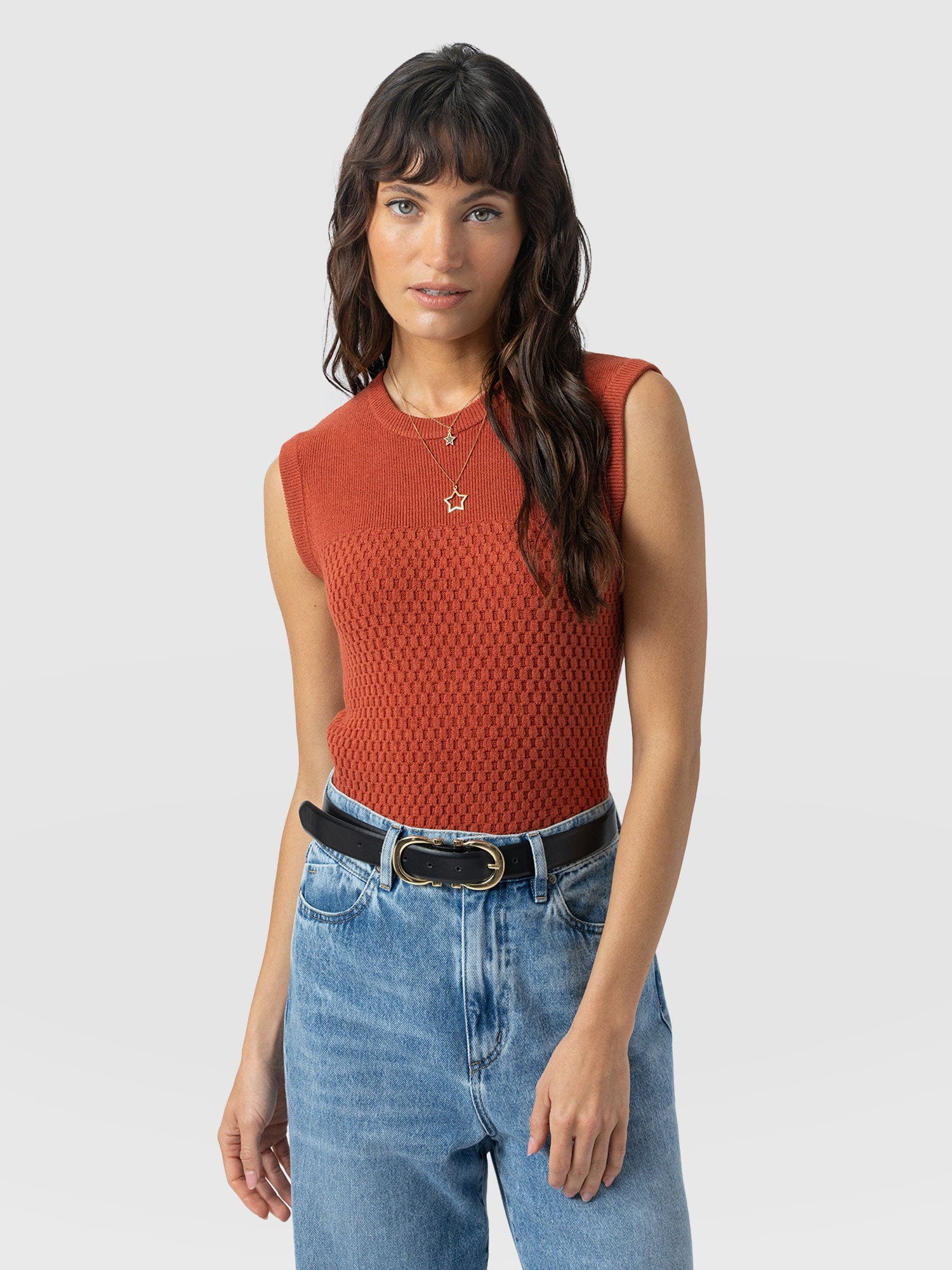 Honeycomb Sleeveless Rib Knit Burnt Orange
